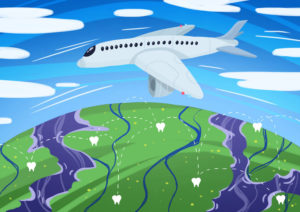 Plane traveling around globe graphic